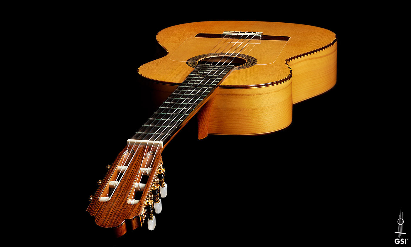 View from the headstock of a 1999 Jose Marin Plazuelo flamenco guitar made of spruce and cypress