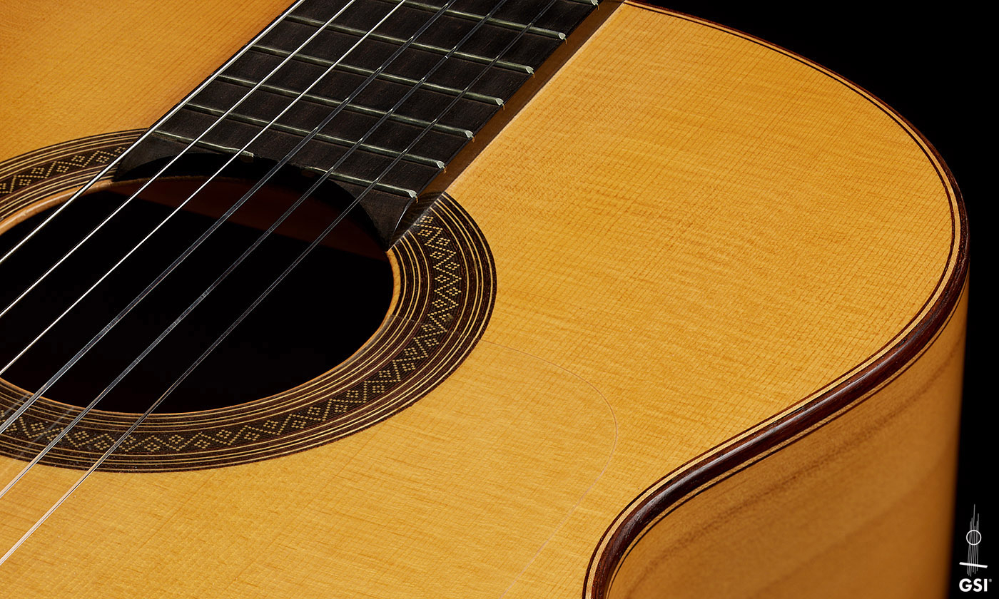The top and side of a 1999 Jose Marin Plazuelo flamenco guitar made of spruce and cypress