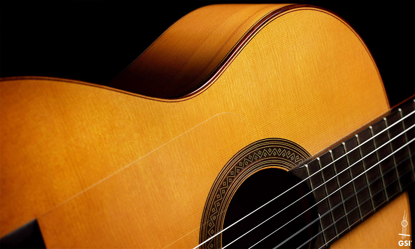 The soundboard of a 1999 Jose Marin Plazuelo flamenco guitar made of spruce and cypress